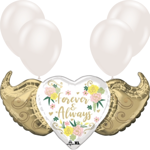 LoonBalloon 39 Inch Forever & Always Winged Heart Balloon with 4 Latex Balloons – Romantic & Elegant Balloon Set