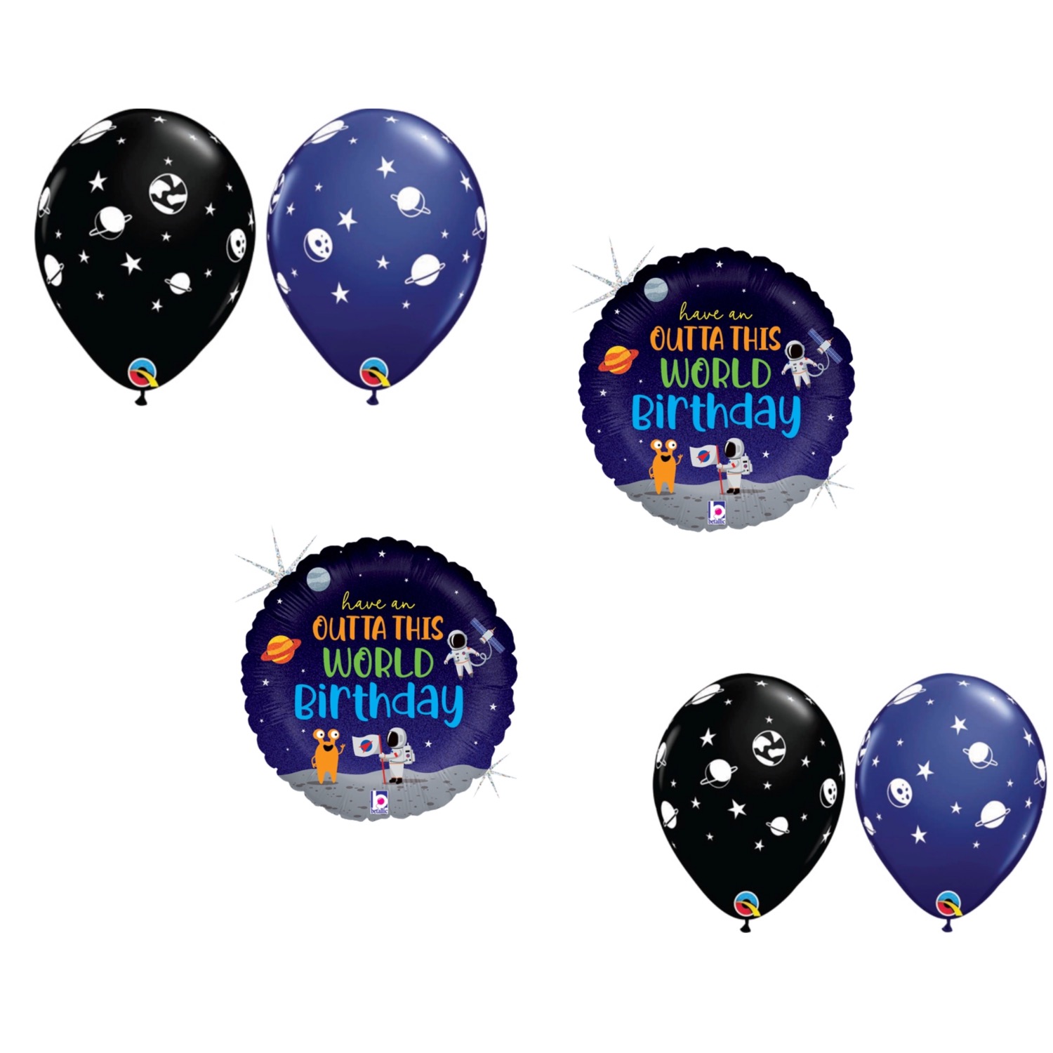 LOONBALLOON Space, Alien, Rocket Theme Balloon Set, 2x Birthday Outta This World Holographic Balloons and 4x latex ballons