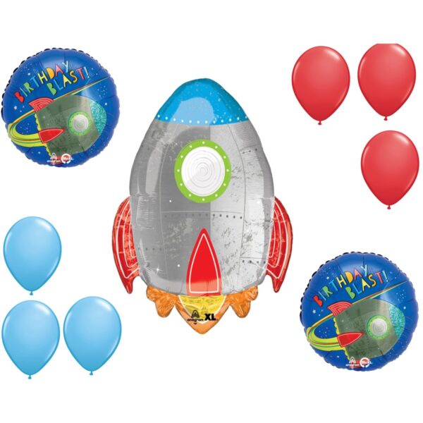 LOONBALLOON Space, Alien, Rocket Theme Balloon Set, 29 Inch Blast Off Rocket Balloon, 2x Standard Blast Off Birthday Balloon and 4x latex ballons