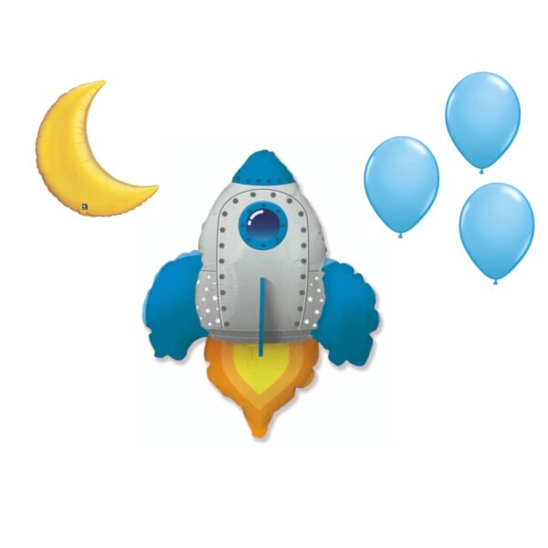 LOONBALLOON Space, Alien, Rocket Theme Balloon Set, 30 inch ROCKET - BLUE, Moon Foil and 3x latex balllons